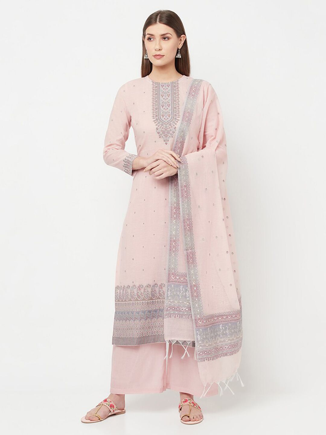 Safaa Women Pink & Grey Woven Design Cotton Unstitched Dress Material Price in India