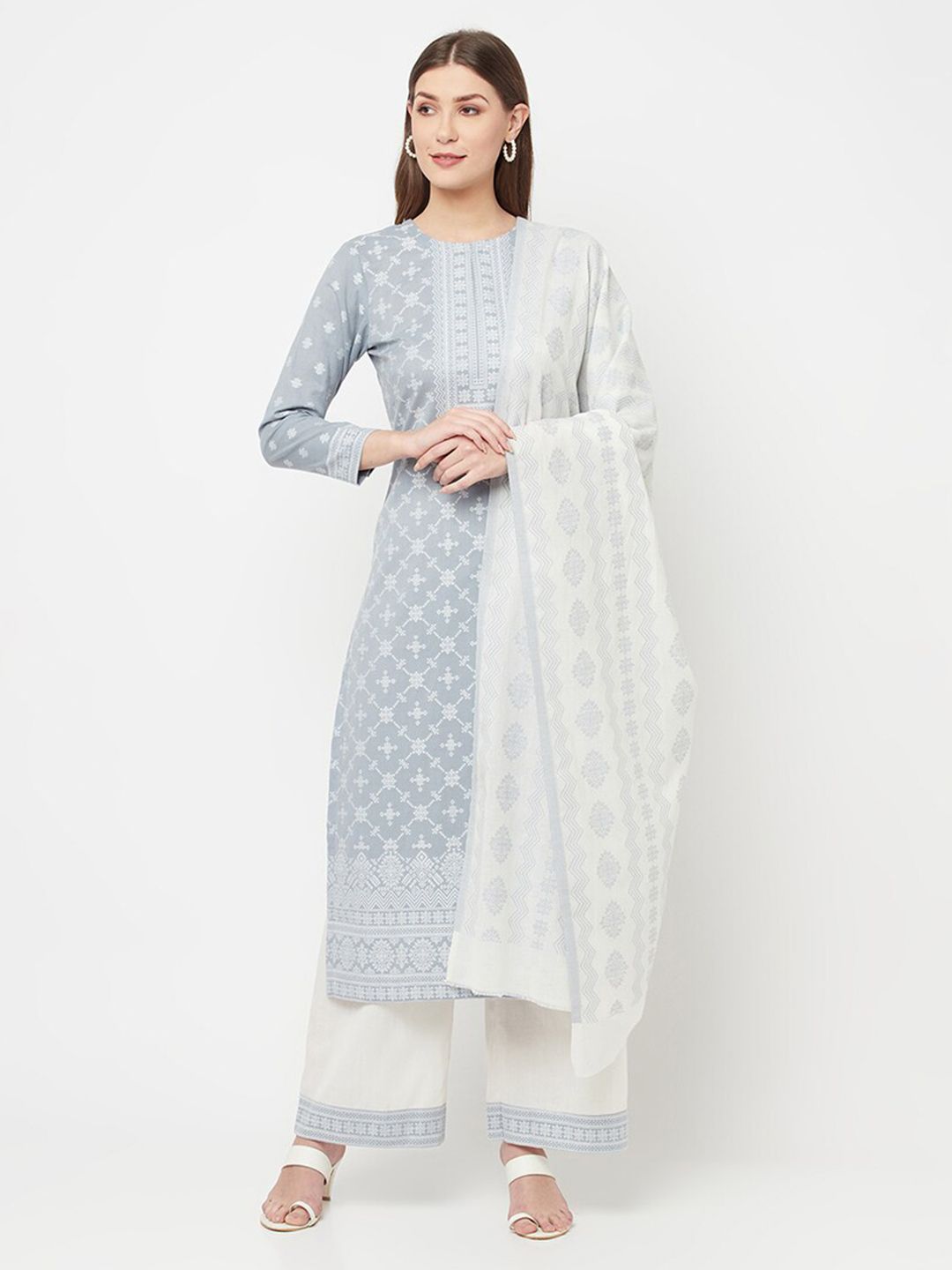 Safaa Grey & White Unstitched Dress Material Price in India