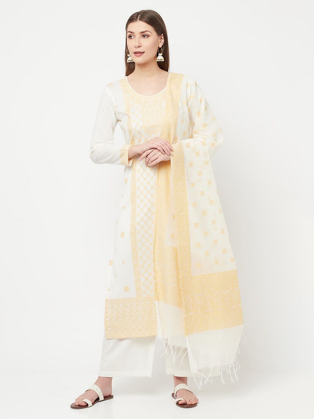 Safaa White & Yellow Unstitched Dress Material Price in India