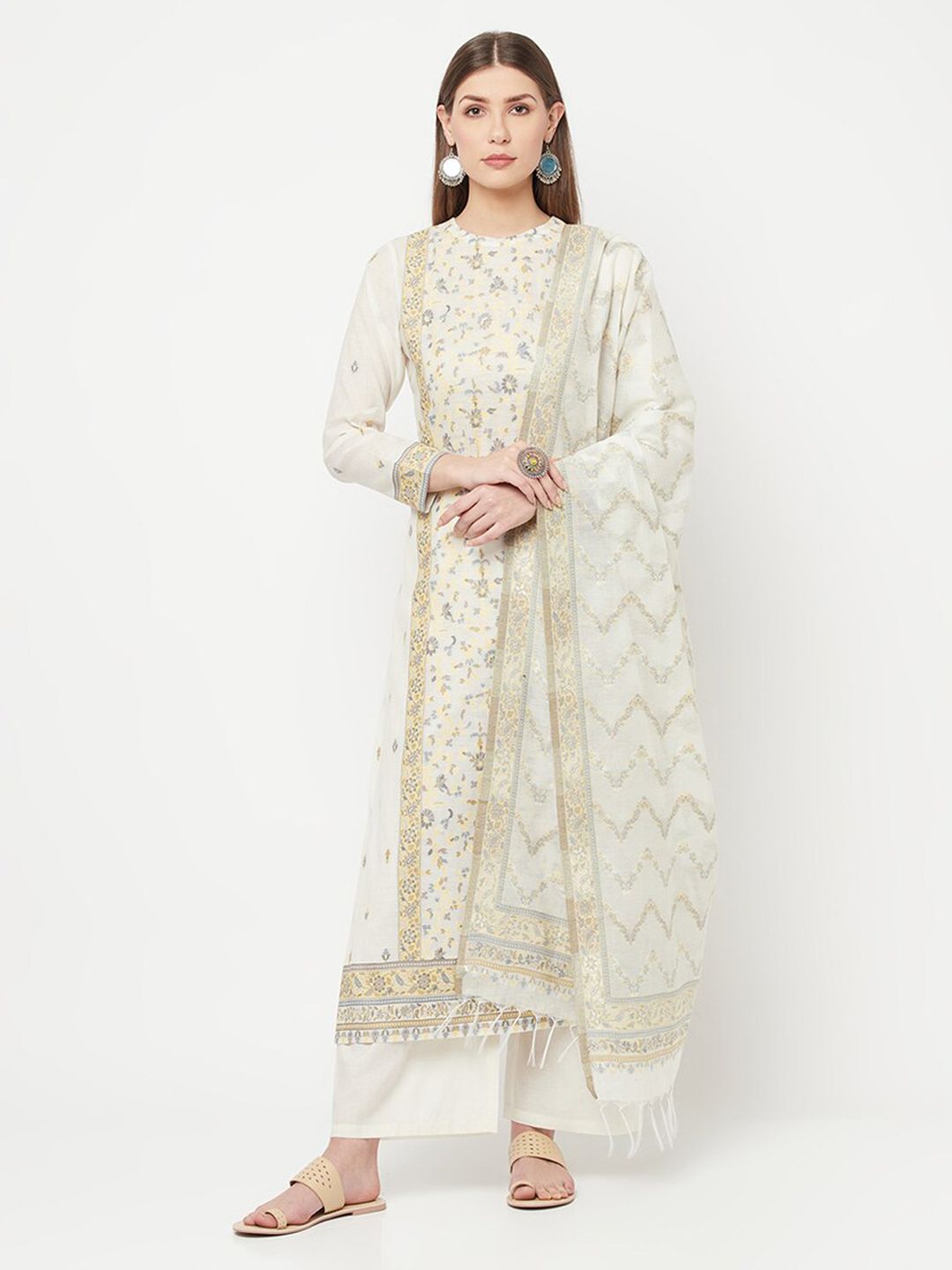 Safaa White & Yellow Unstitched Dress Material Price in India