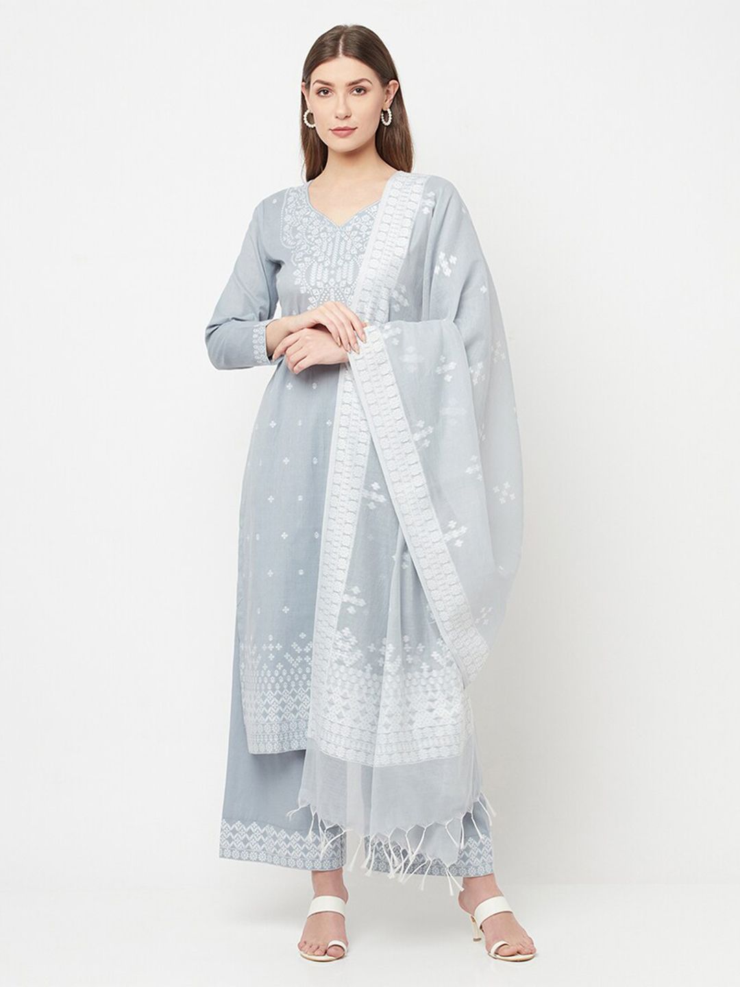 Safaa Grey & White Unstitched Dress Material Price in India