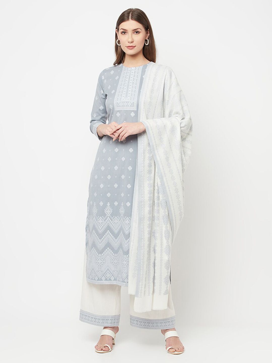 Safaa Grey & White Unstitched Dress Material Price in India