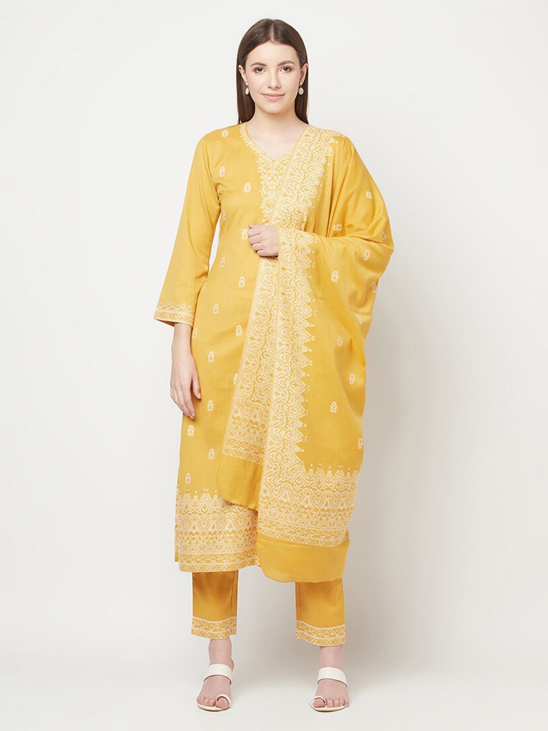 Safaa Yellow & White Unstitched Dress Material Price in India