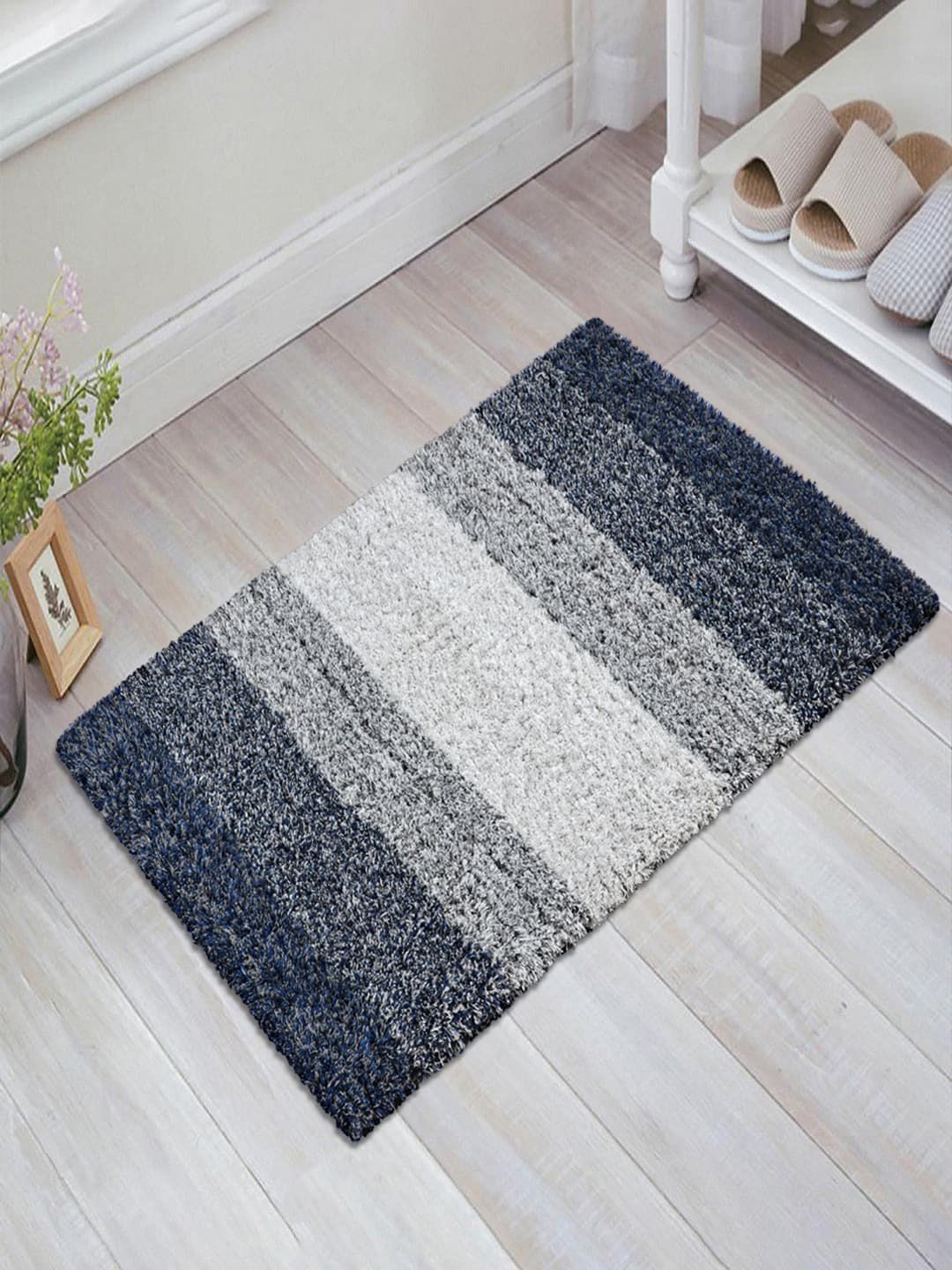 Saral Home Unisex Grey & Blue Cotton Shaggy Floor Mat Price in India