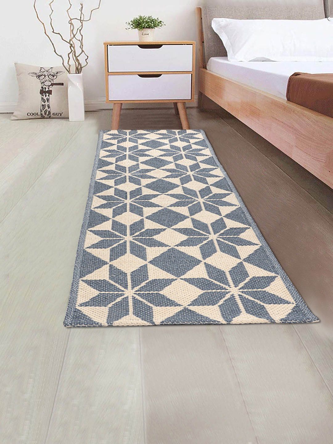 Saral Home Blue Cotton Geometric Printed Anti Skid Floor Runner Price in India