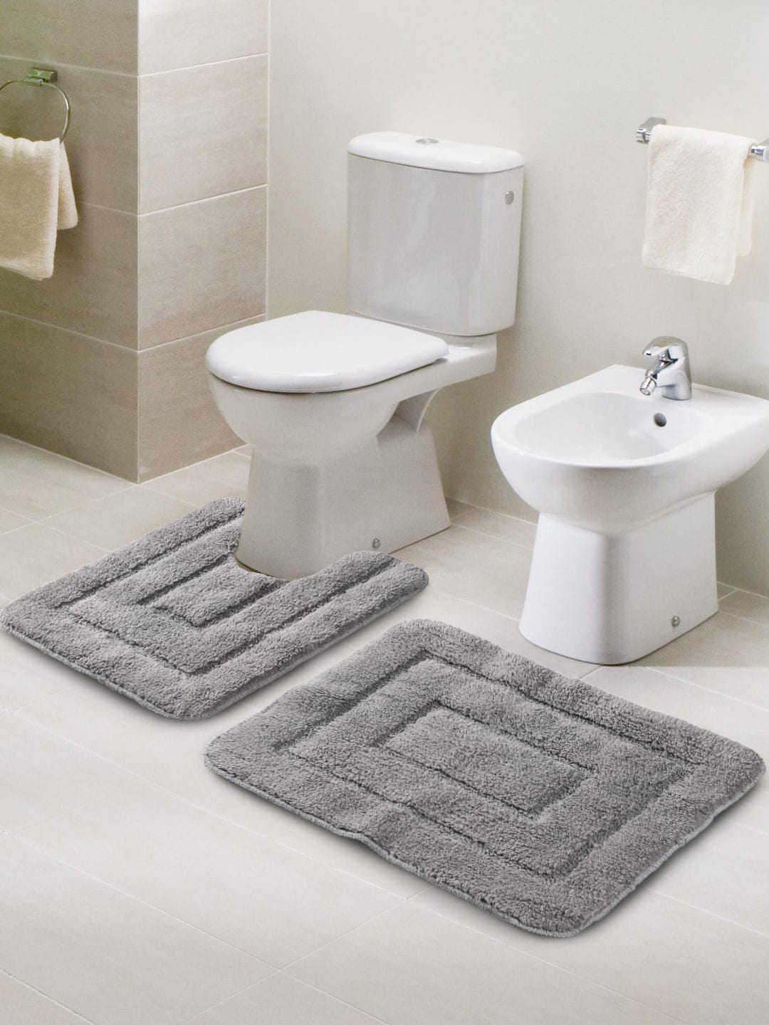 Saral Home Set of 2 Grey Cotton Anti Slip Bath Rugs with Contour Price in India