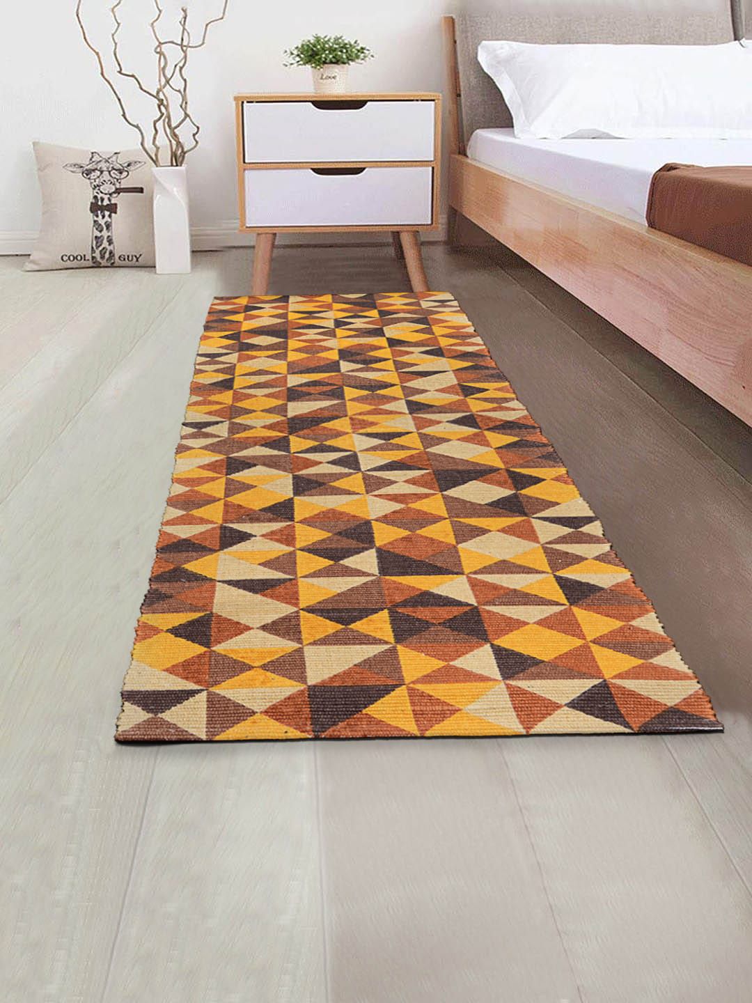 Saral Home Yellow Cotton Geometric Printed Anti Skid Floor Runner Price in India