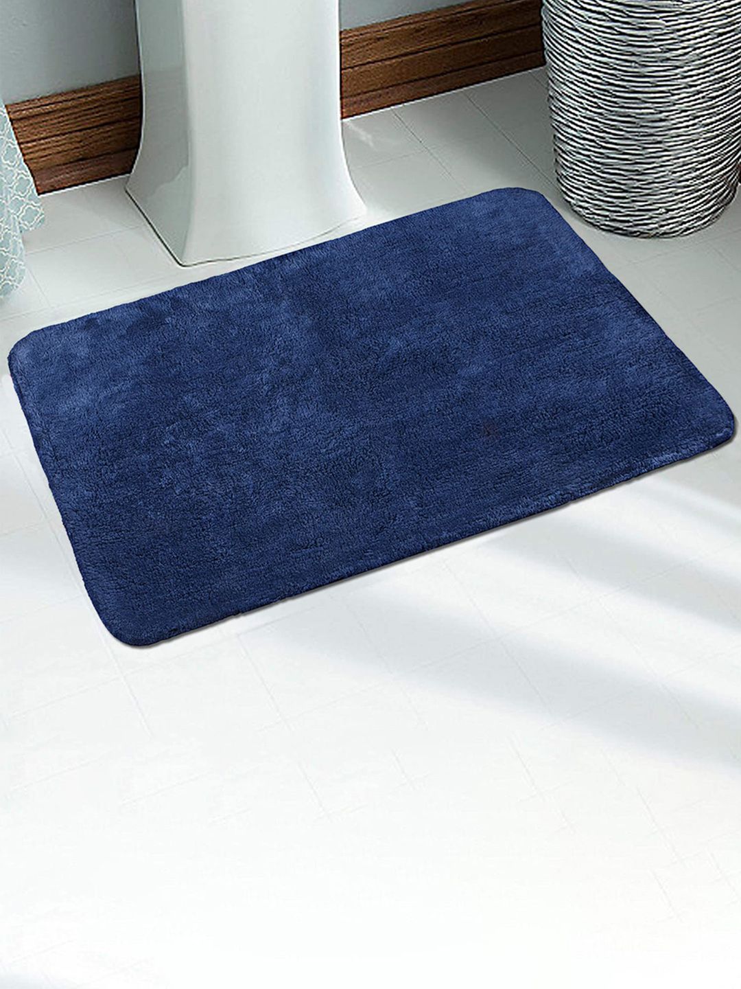 Saral Home Blue Textured 210 GSM Cotton Anti-Skid Bath Rug