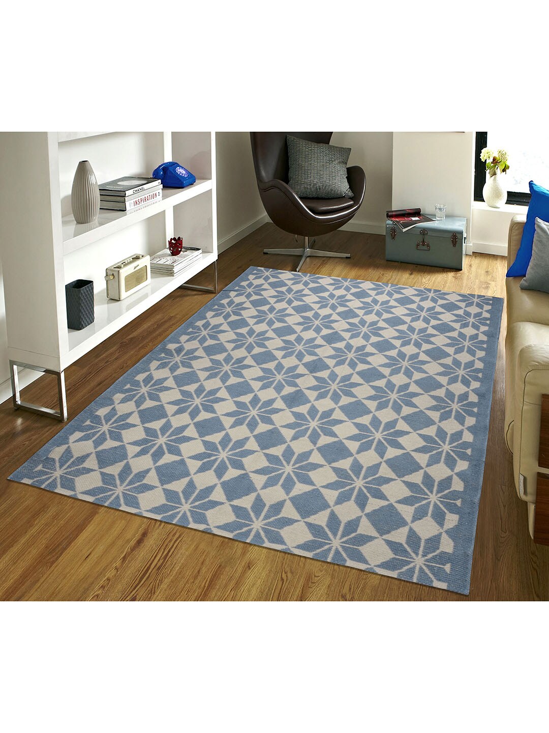 Saral Home Blue & Cream-Coloured Geometric Printed Cotton Dhurrie Price in India