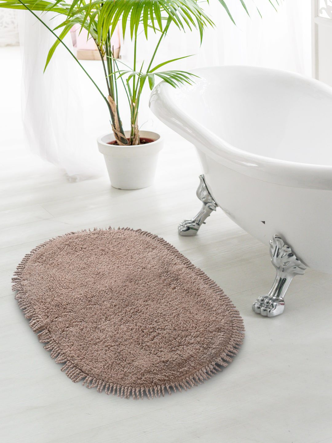 Saral Home Beige Solid Cotton Shaggy Anti-Skid Bathmat