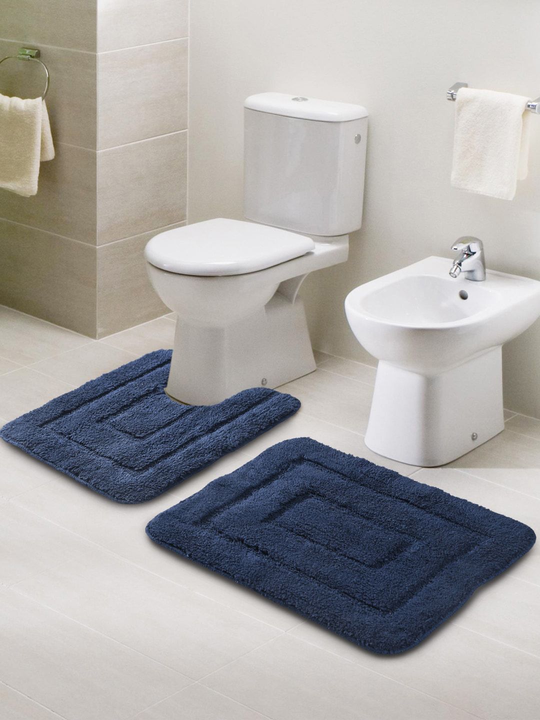 Saral Home Blue Textured 210 GSM Cotton Anti Slip Bathmat Set with Contour Price in India