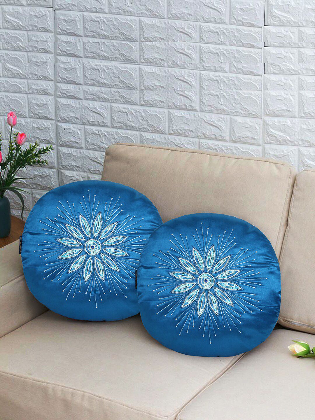 Mezposh Blue Set of 2 Embellished Satin Round Cushion Covers Price in India