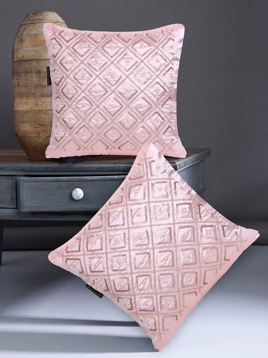 Mezposh Rose Gold Geometric Embellished Satin Square Cushion Covers Set of 2 Price in India