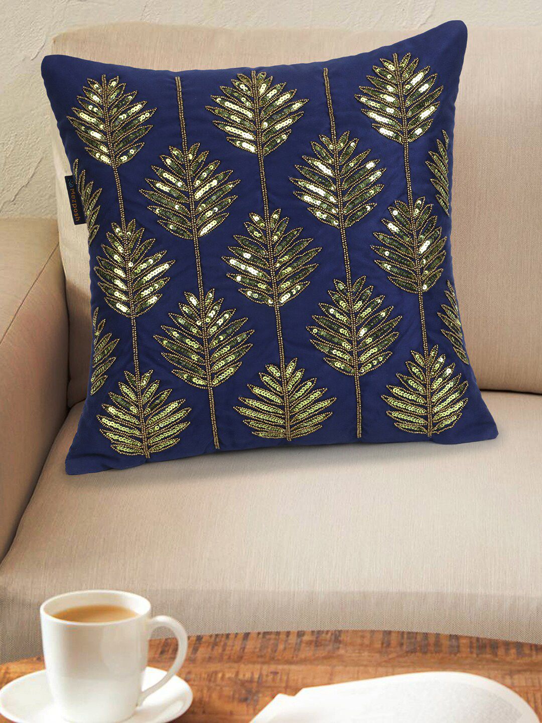 Mezposh Navy Blue & Gold-Toned Embellished Satin Square Cushion Covers Price in India