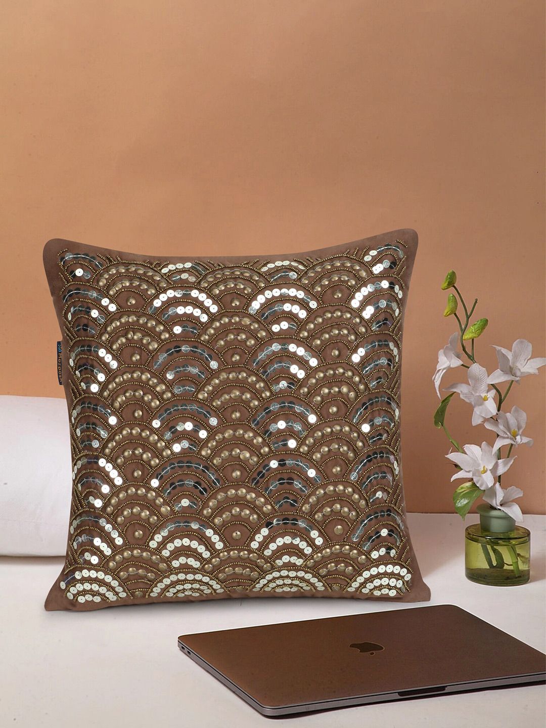 Mezposh Camel Brown & Gunmetal-Toned Embellished Satin Square Cushion Covers Price in India