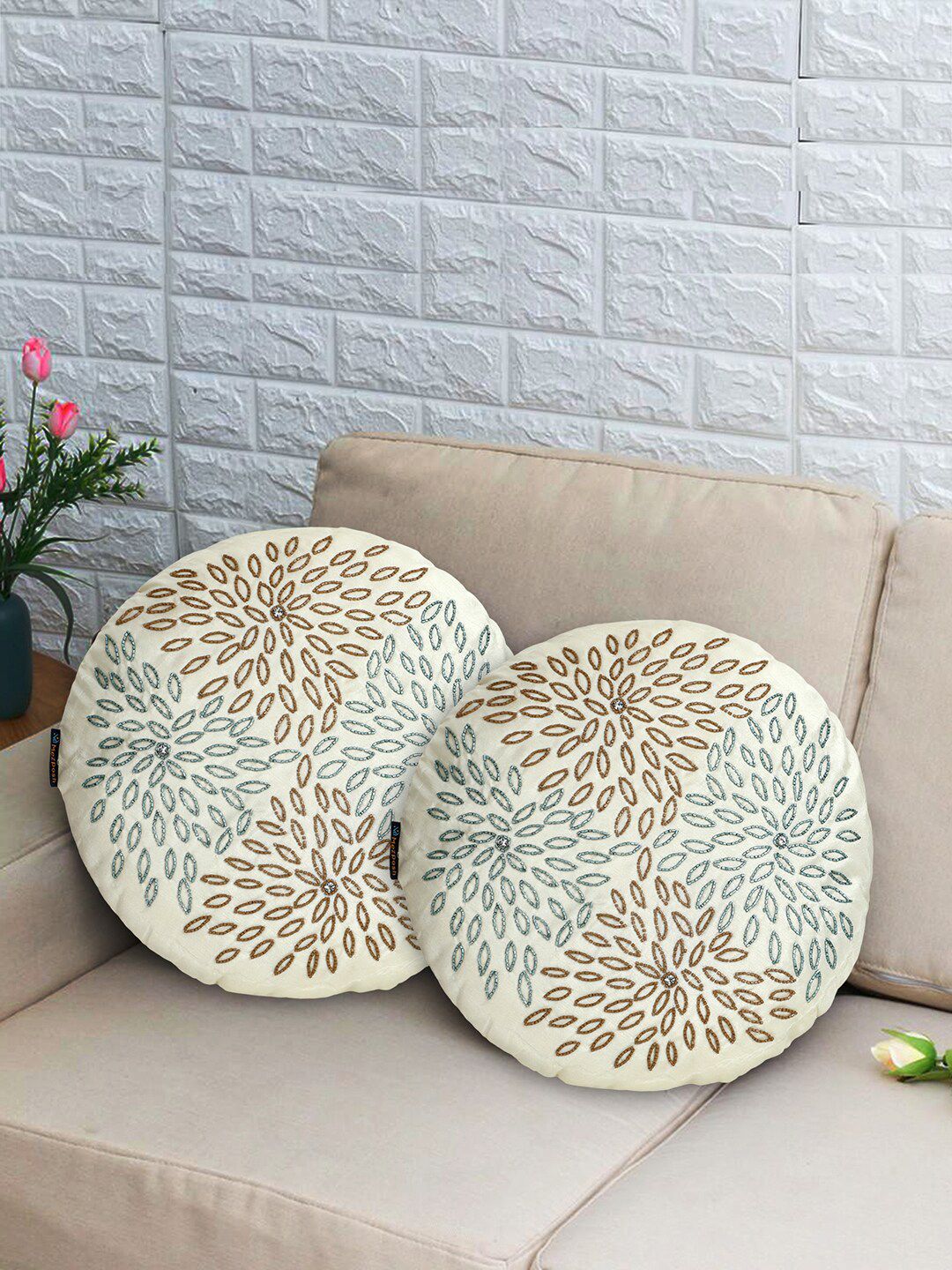 Mezposh Cream-Coloured & Multicoloured Set of 2 Quirky Round Cushion Covers Price in India