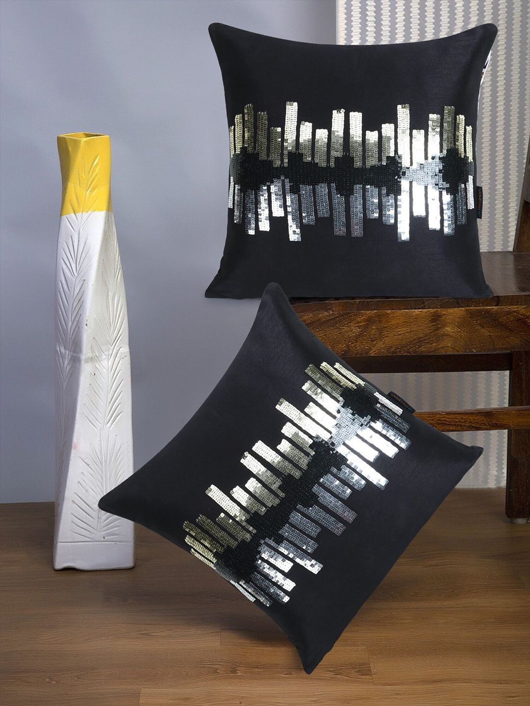 Mezposh Black & Silver-Toned Embellished Square Cushion Covers Set of 2 Price in India