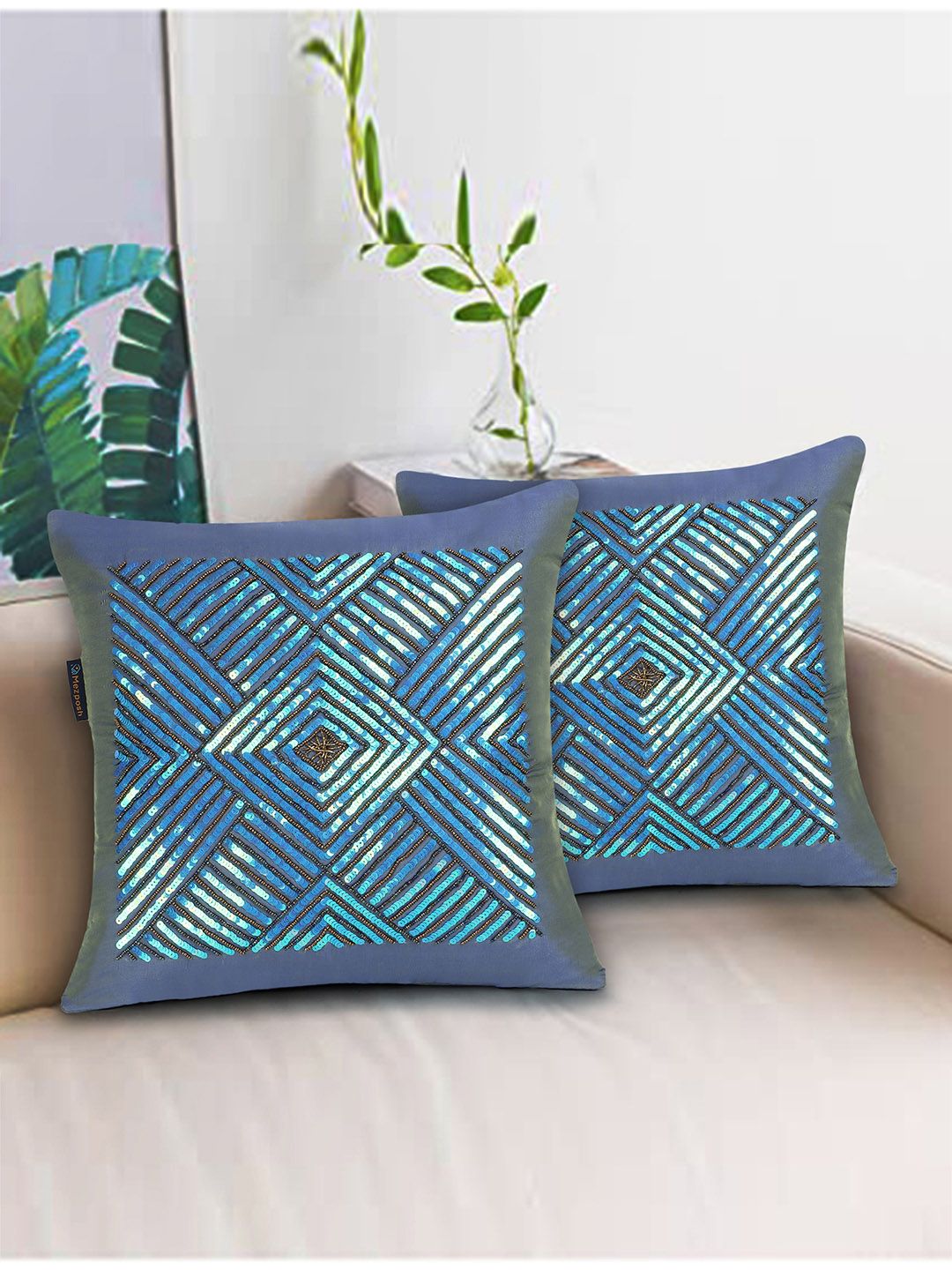 Mezposh Blue Set of 2 Geometric Square Cushion Covers Price in India