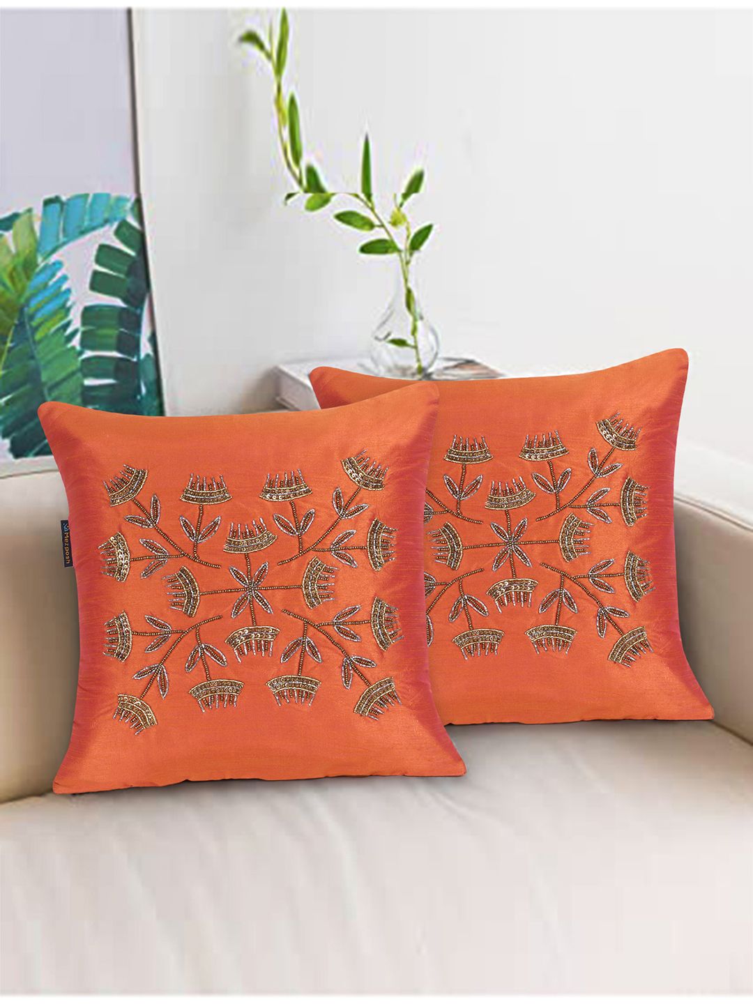Mezposh Rust Set of 2 Embellished Square Cushion Covers Price in India