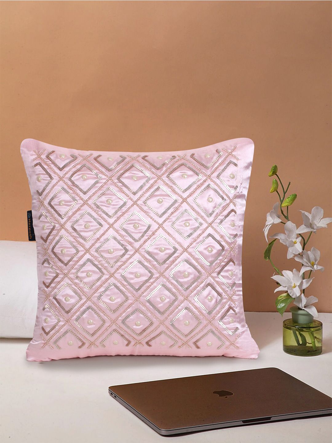 Mezposh Pink Satin Embellished Geometric Square Cushion Covers Price in India