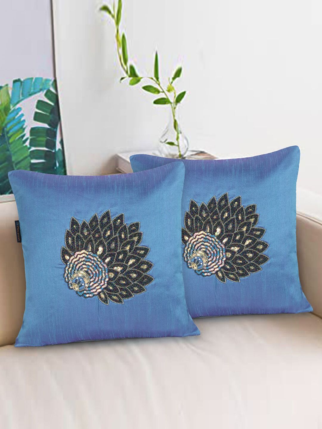 Mezposh Blue & Black Set of 2 Quirky Square Cushion Covers Price in India