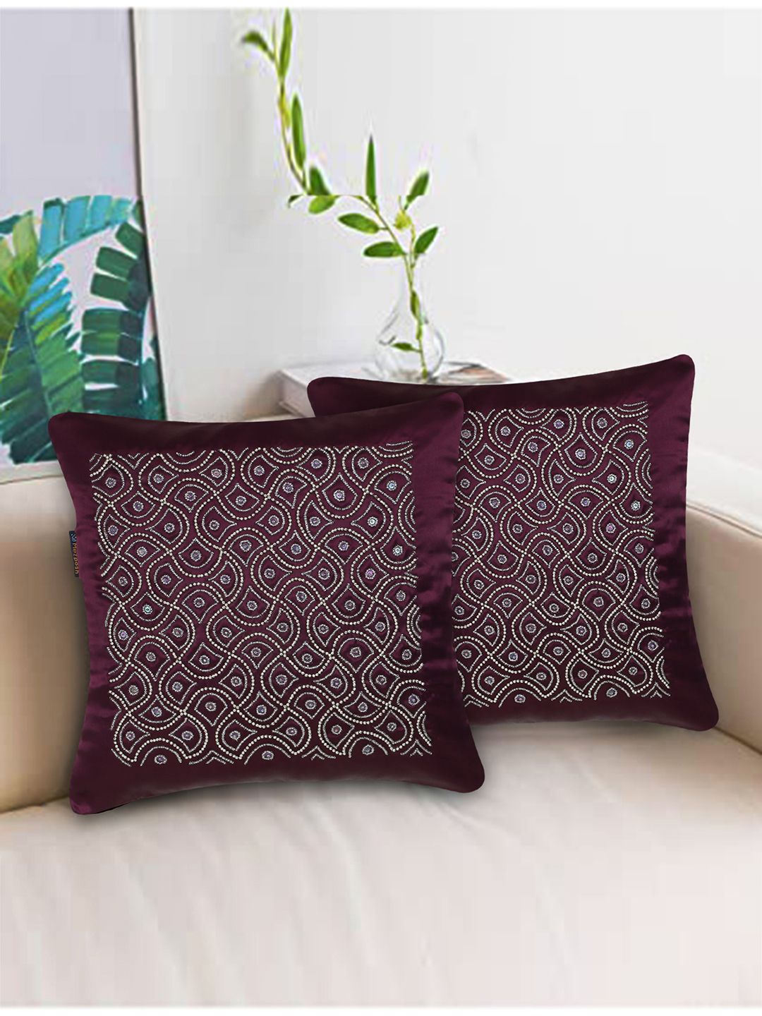 Mezposh Purple & Silver-Toned Set of 2 Embellished Satin Square Cushion Covers Price in India