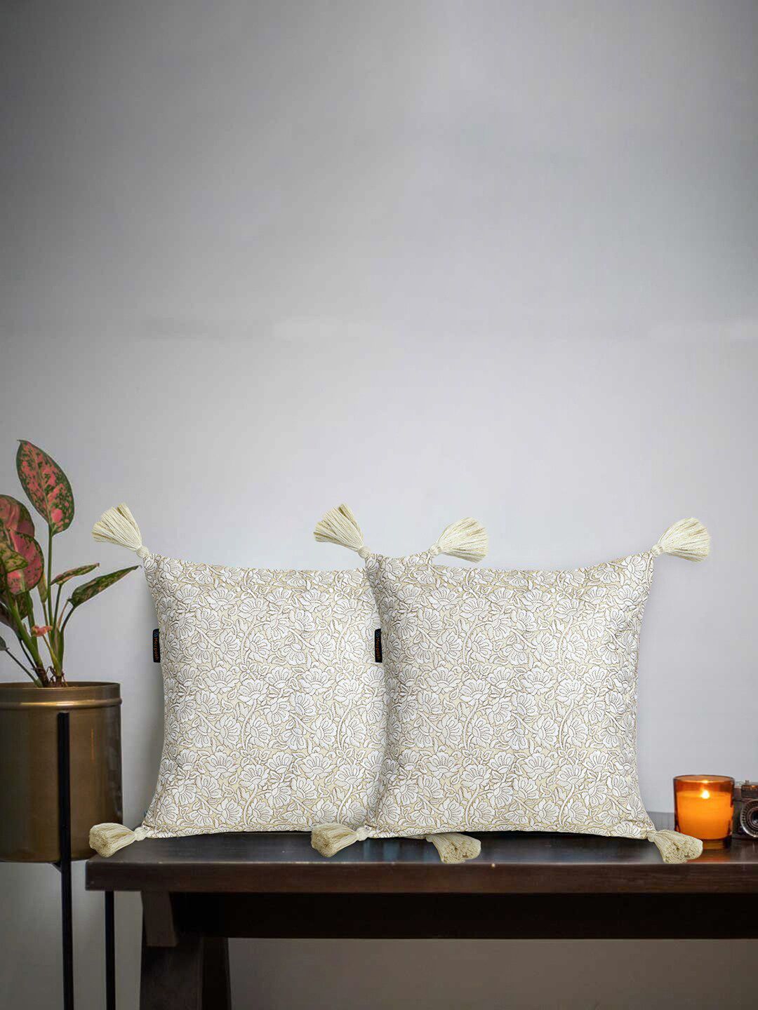 Mezposh White & Cream-Coloured Embroidered Square Cushion Covers Set of 2 Price in India