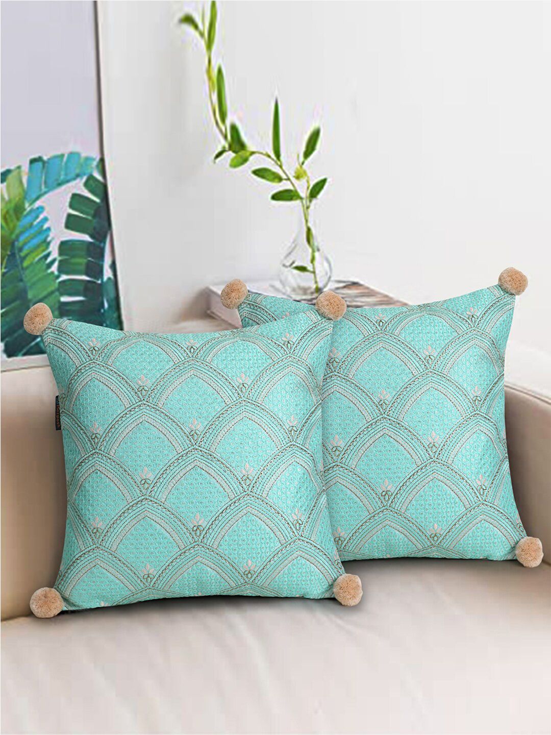 Mezposh Sea Green Set of 2 Embroidered Square Cushion Covers Price in India