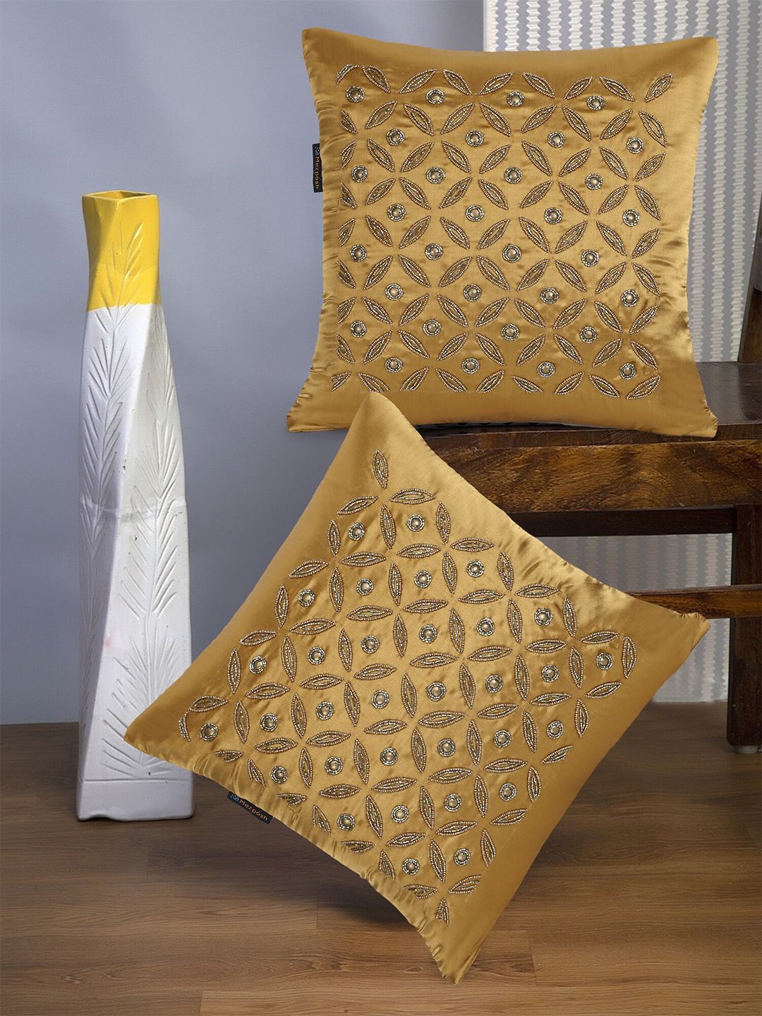 Mezposh Gold-Toned Set of 2 Embellished Satin Square Cushion Covers Price in India