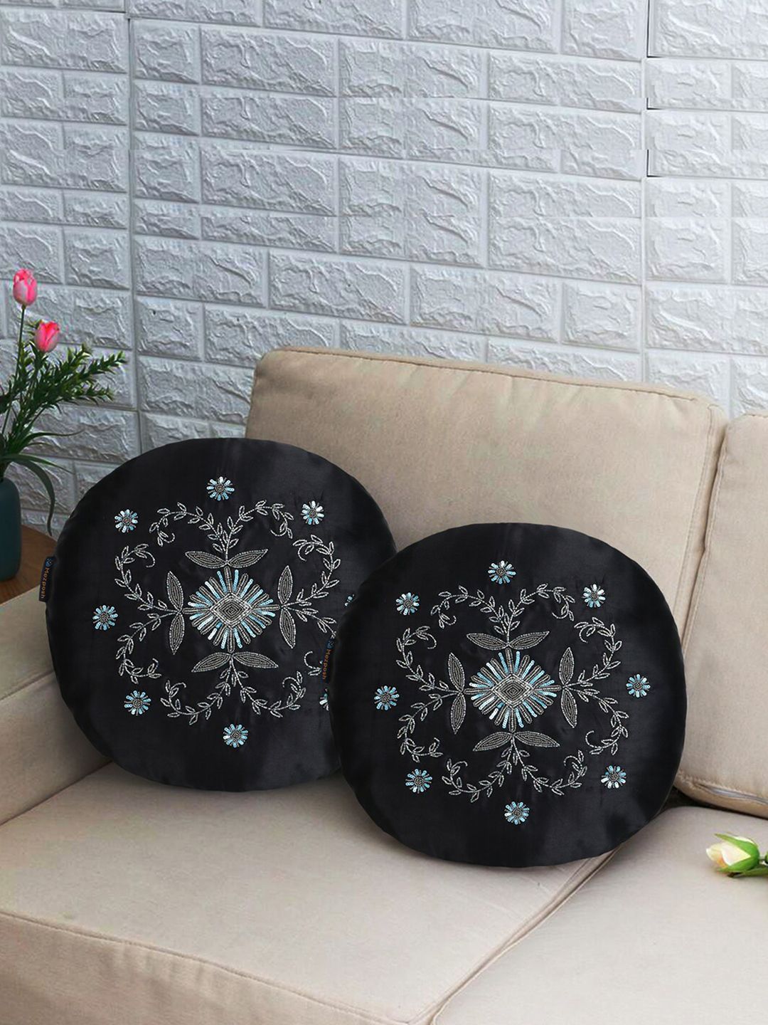 Mezposh Black & Silver-Toned Embellished Floral Satin Round Cushion Covers Set of 2 Price in India