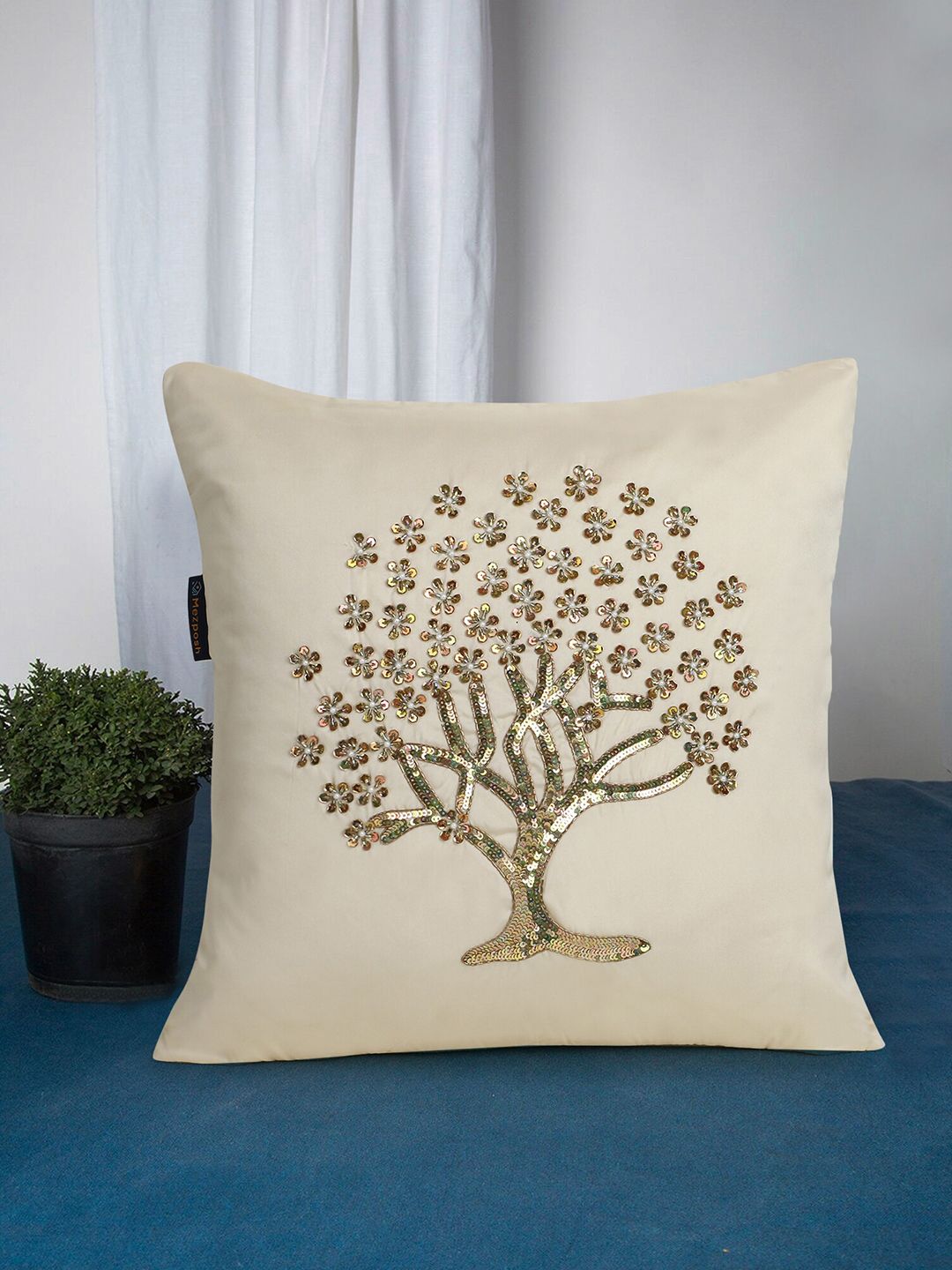 Mezposh Cream-Coloured & Gold-Toned Embellished Satin Square Cushion Covers Price in India