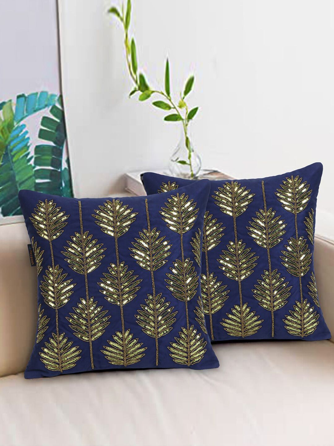 Mezposh Navy Blue & Gold-Toned Embellished Satin Square Cushion Covers Set of 2 Price in India