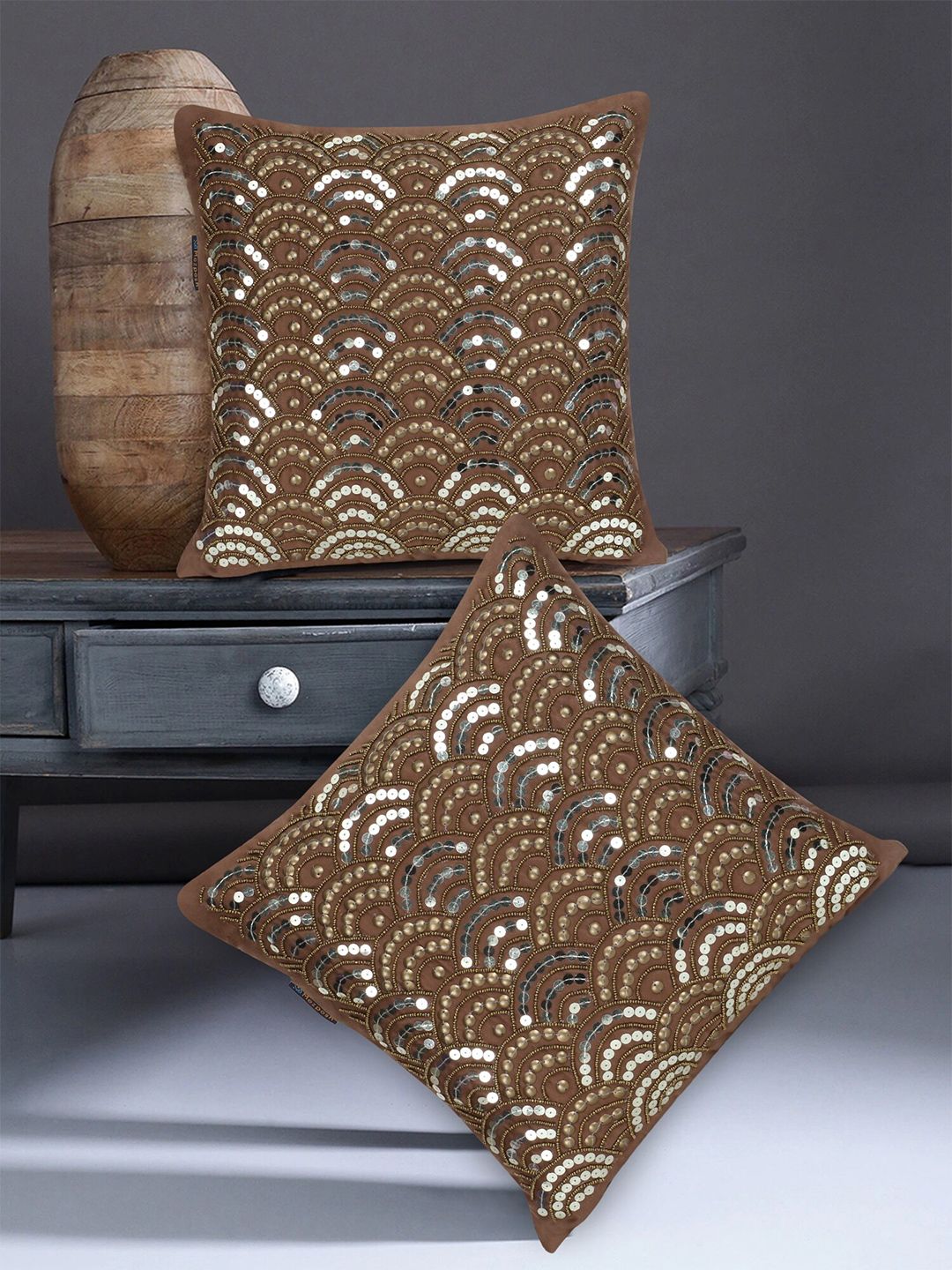 Mezposh Camel Brown & Gunmetal-Toned Set of 2 Embellished Satin Square Cushion Covers Price in India