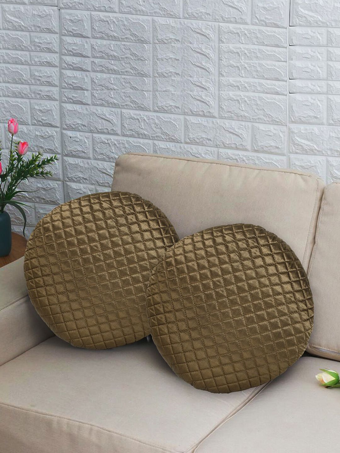 Mezposh Coffee Brown Set of 2 Geometric Satin Round Cushion Covers Price in India