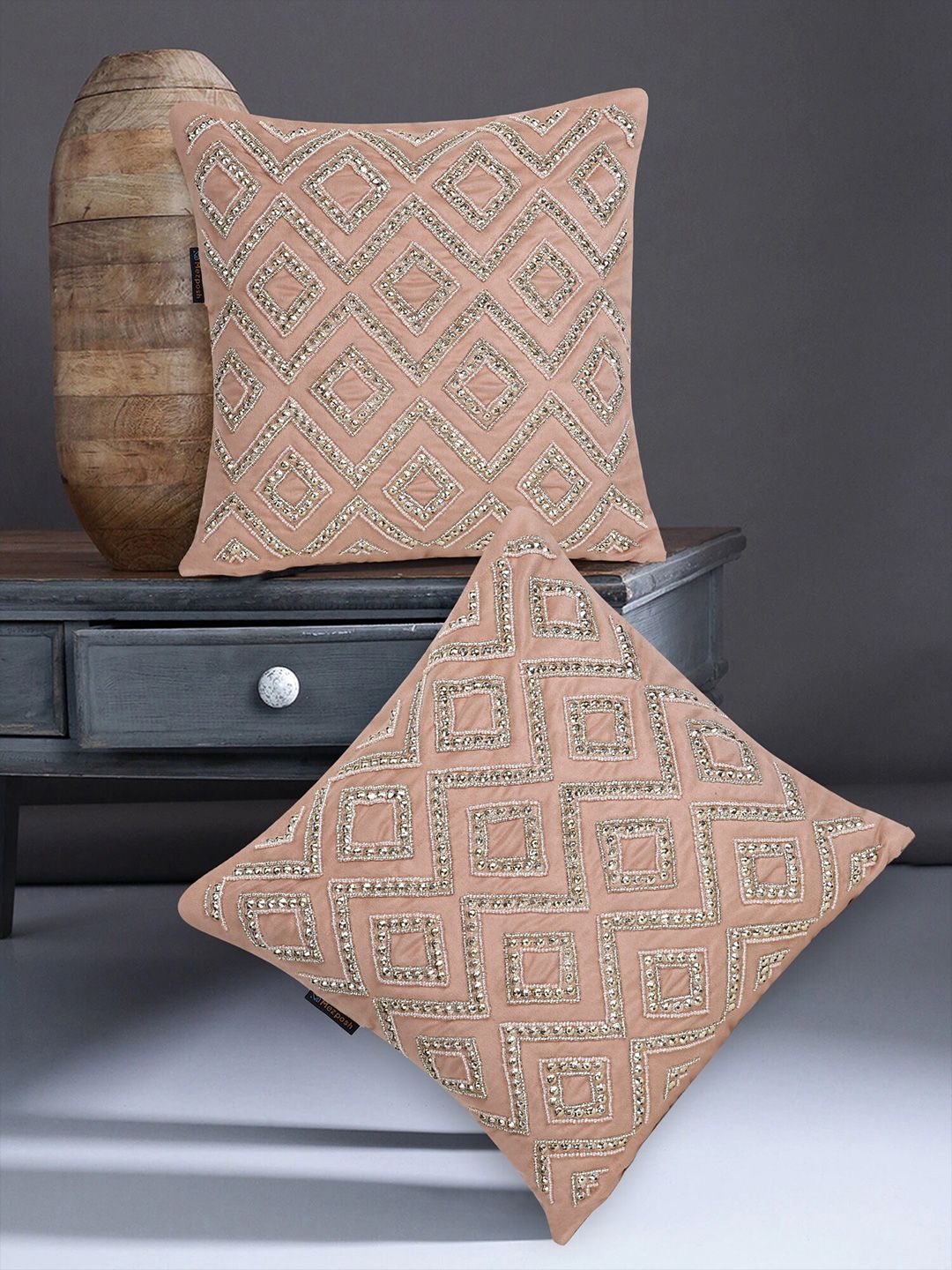 Mezposh Rose & Gold-Toned Embellished Satin Square Cushion Covers Set of 2 Price in India