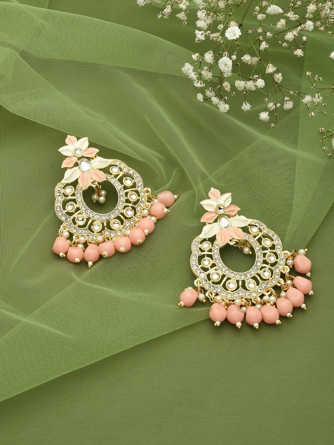 Zaveri Pearls Peach-Coloured Contemporary Drop Earrings Price in India