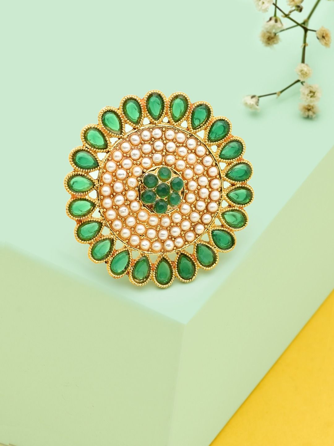 Zaveri Pearls Gold-Plated Green Stones-Studded & Pearls Beaded Adjustable Finger Ring Price in India