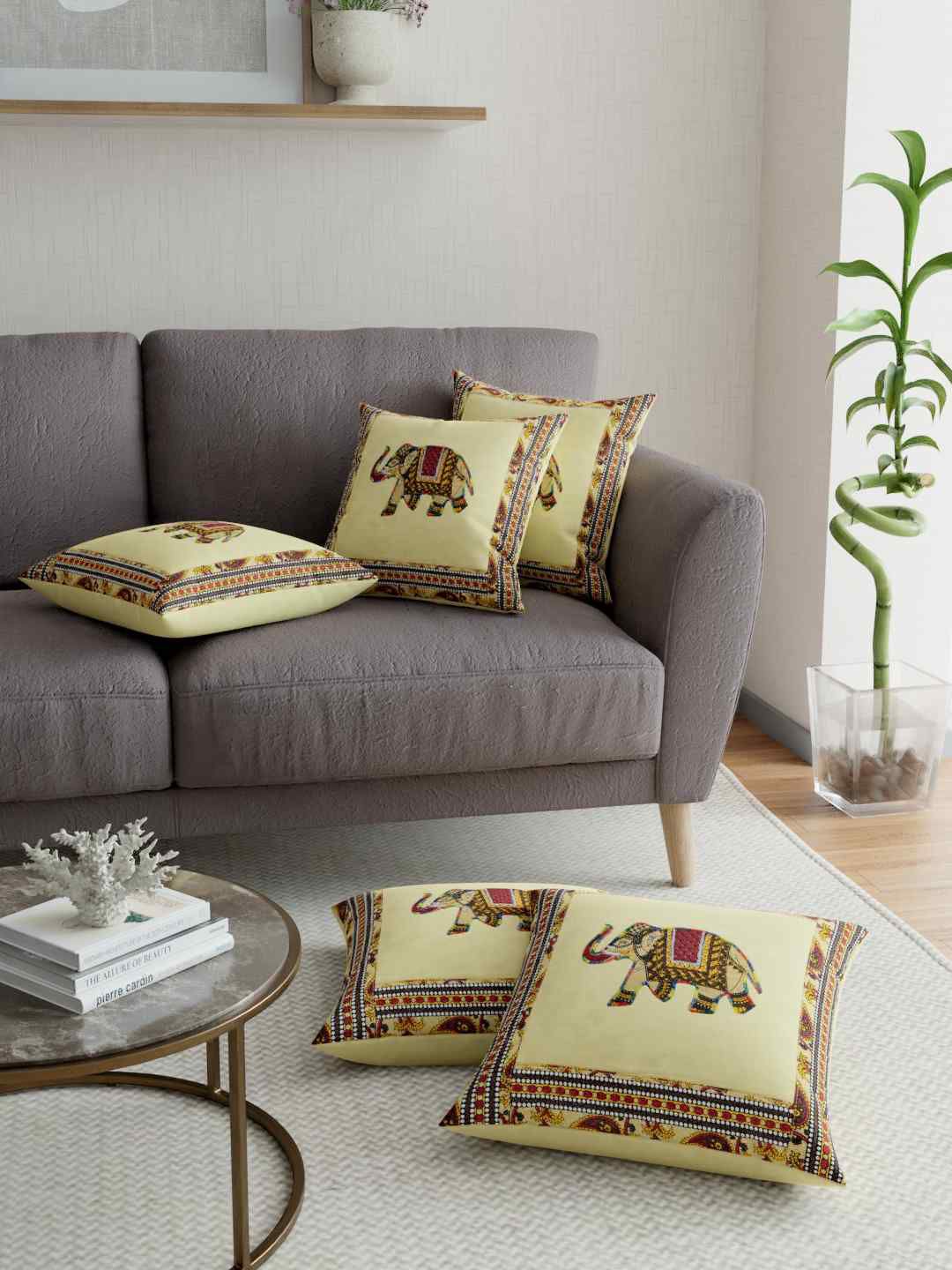 JAIPUR FABRIC Cream-Coloured Set of 5 Embroidered Square Cushion Covers Price in India