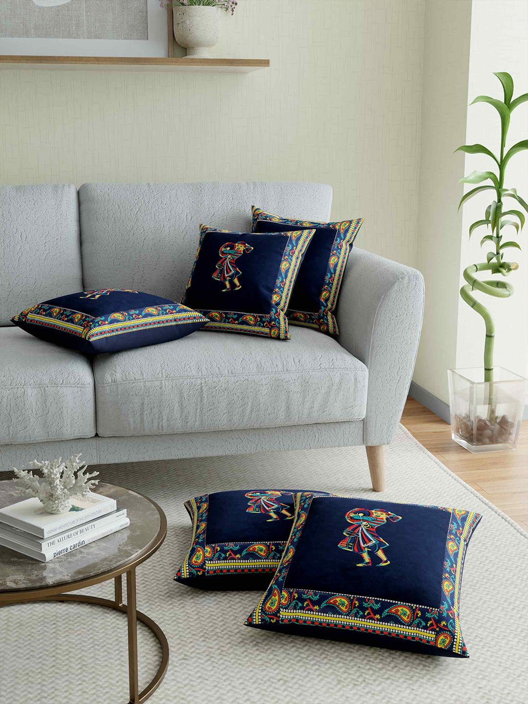 JAIPUR FABRIC Blue & Yellow Applique Ethnic Motifs Square Cushion Covers Set of 5 Price in India