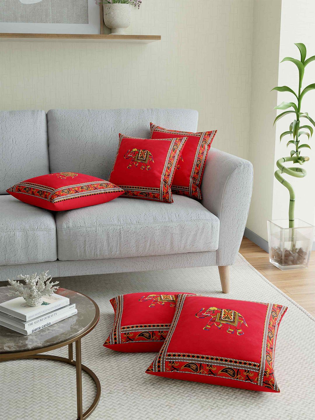 JAIPUR FABRIC Red & White Set of 5 Ethnic Motifs Square Cushion Covers Price in India