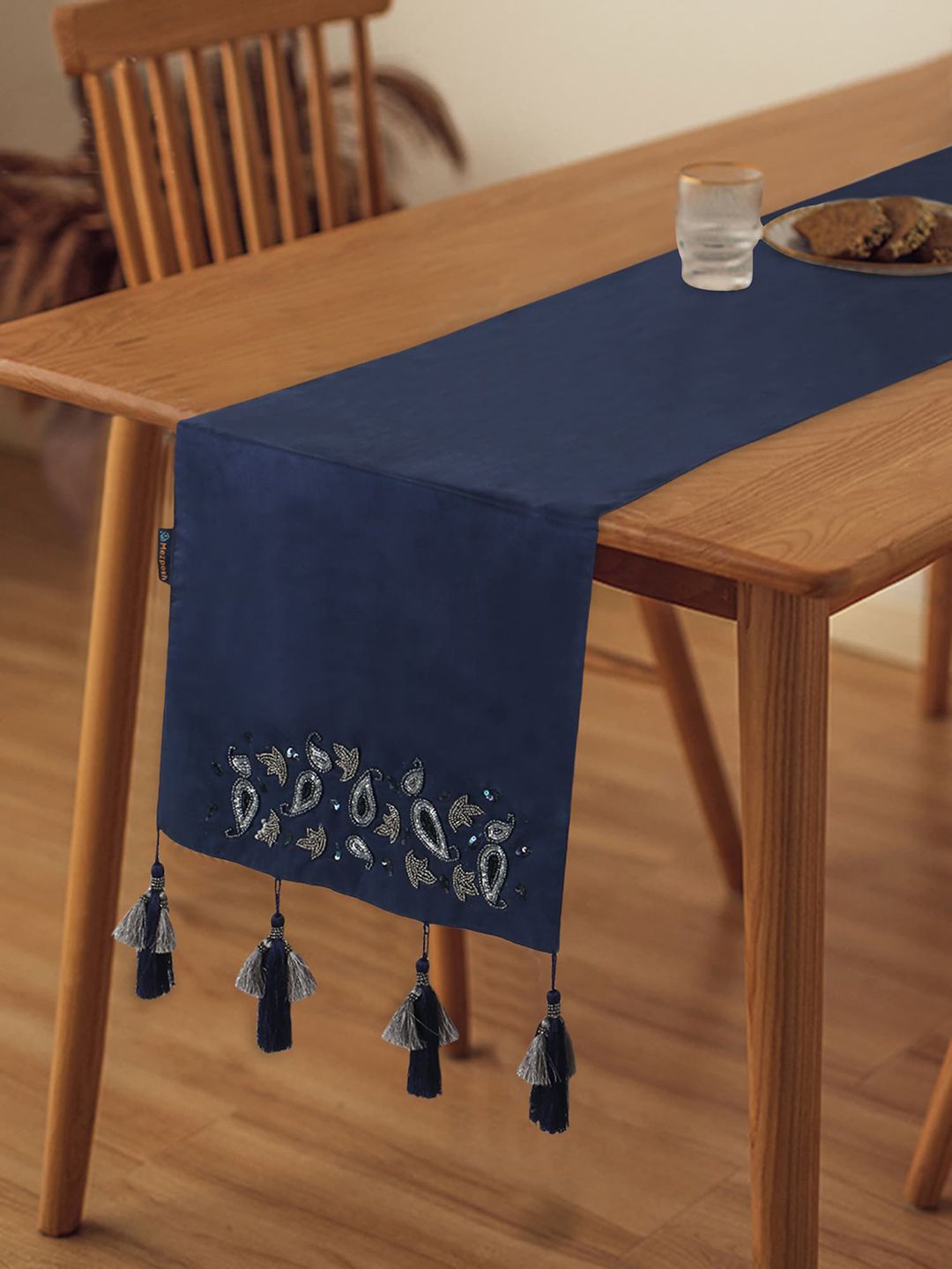 Mezposh Navy Blue & Silver Paisely Embellished 6 Seater Table Runner Price in India