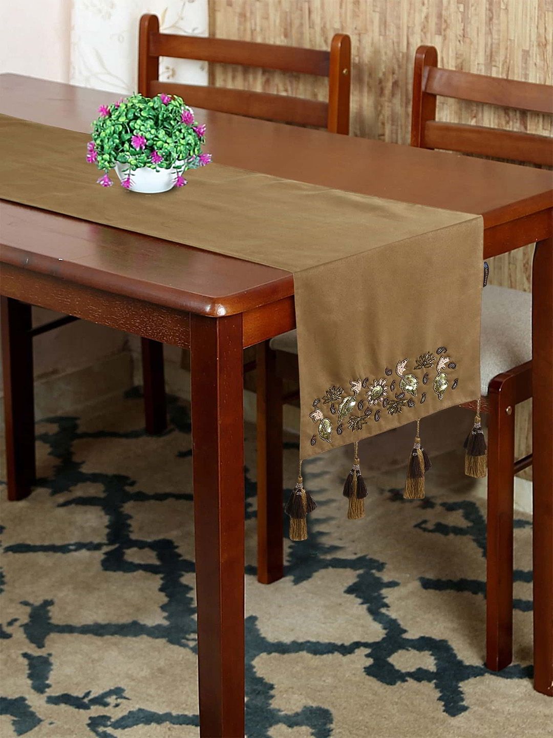 Mezposh Camel Brown & Copper Embellished Table Runner With Tassels Price in India