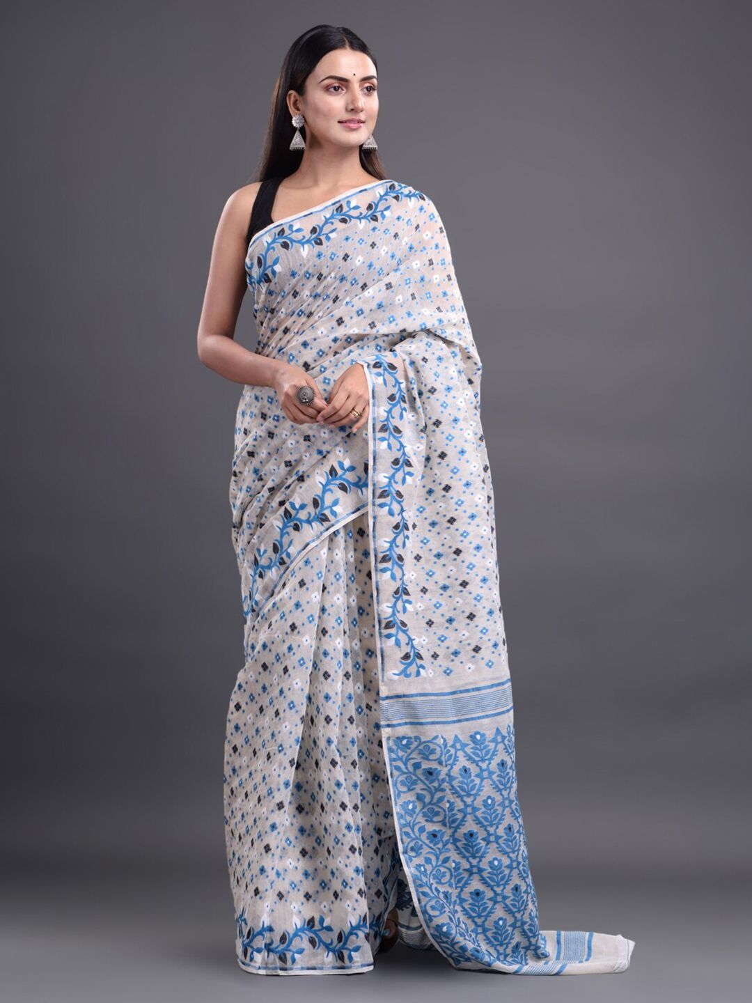 Mitera Off White & Blue Woven Design Pure Cotton Heavy Work Jamdani Saree Price in India