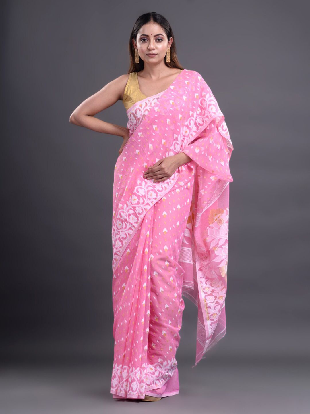 Mitera Pink & White Woven Design Pure Cotton Heavy Work Jamdani Saree Price in India