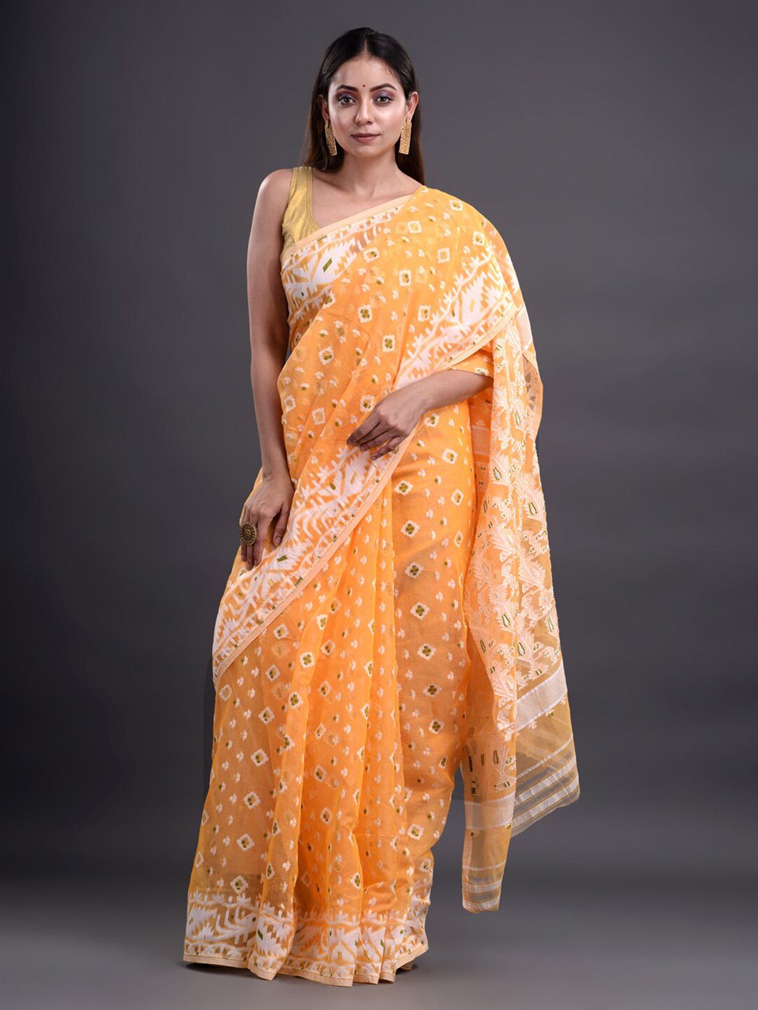 Mitera Yellow Ethnic Motifs Pure Cotton Jamdani Saree Price in India