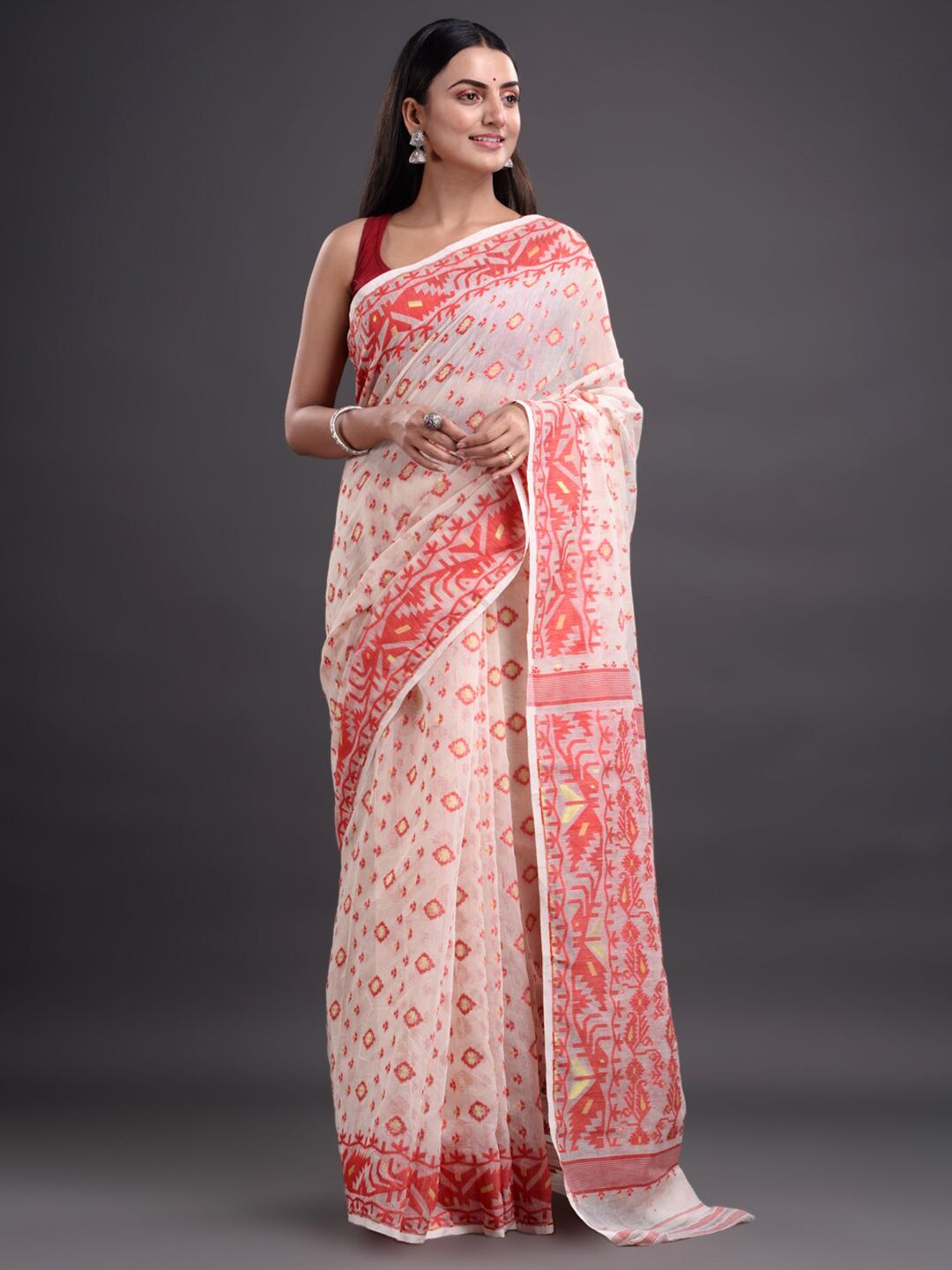 Mitera White & Red Woven Design Pure Cotton Heavy Work Jamdani Saree Price in India