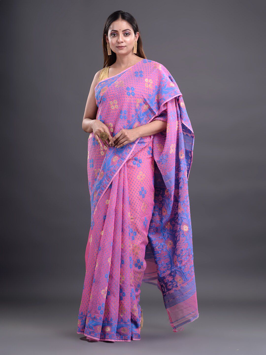 Mitera Pink & Turquoise Blue Pure Cotton Jamdani Saree Price in India