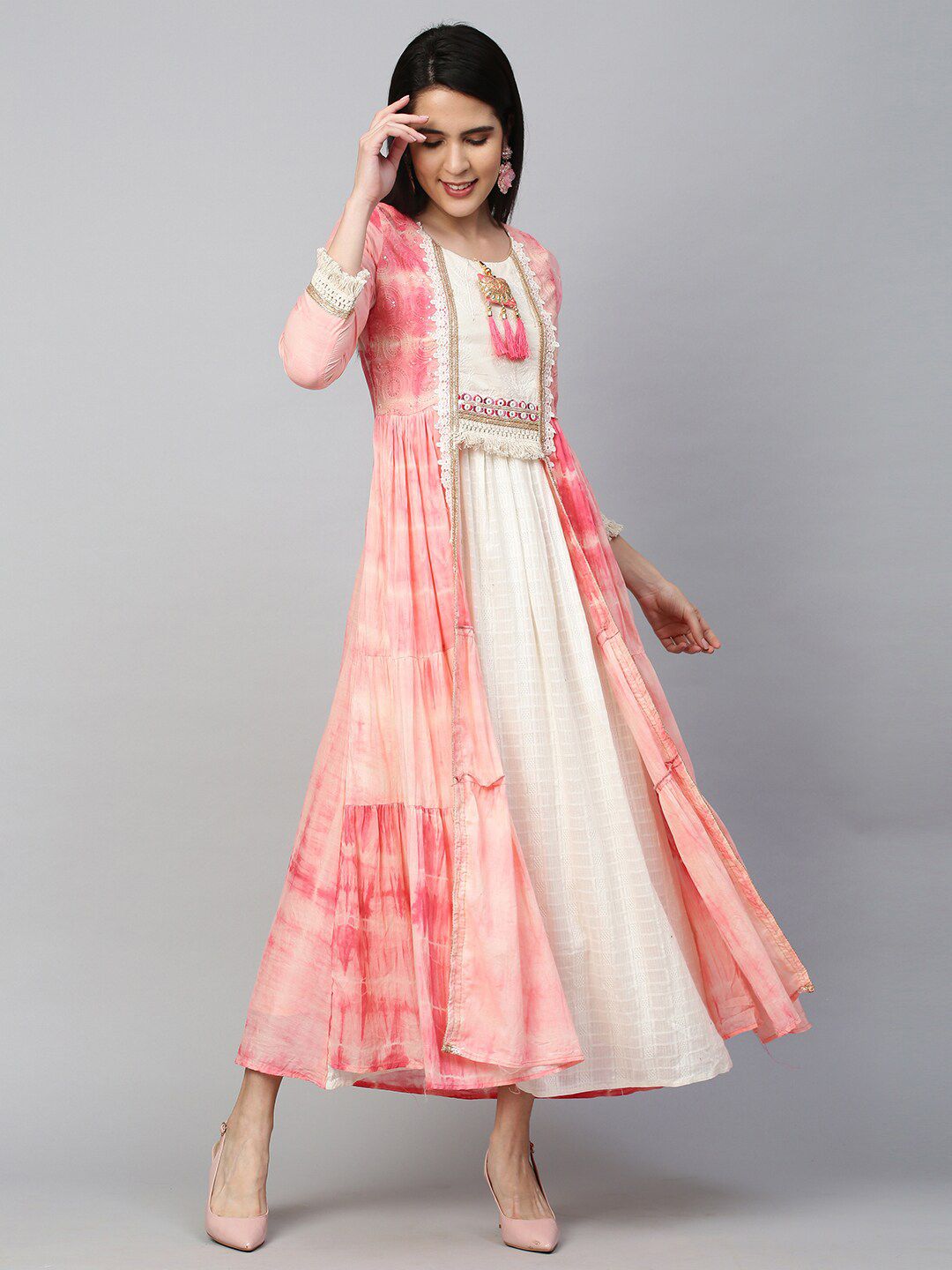 FASHOR Pink & White Floral Embroidered Maxi Dress Price in India