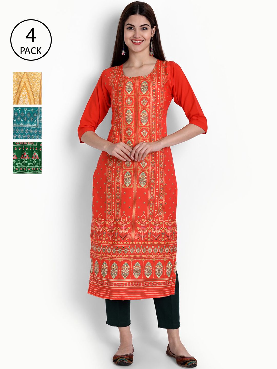 Ethnic basket Women Pack Of 4 Orange & Yellow Ethnic Motifs Printed Crepe Kurtas Price in India