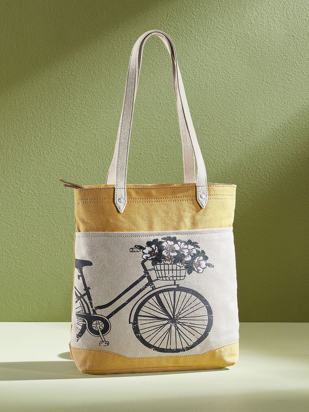 Mona B Yellow & Off White Printed Upcycled Canvas Tote Bag Price in India